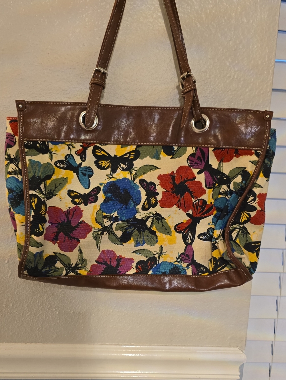 SAG HARBOR Brown Trim Floral Canvas Tote Bag with Multicolor Butterfly Print